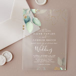 Invitations En Acrylique Mariage d'Eucalyptus blanc à feuilles d'or de verd<br><div class="desc">Ces invitations acryliques mariages à la feuille d'or et à la verdure sont parfaites pour un mariage moderne. L'élégant design botanique présente des eucalyptus aquarellés clairs et aquarelles,  agrémentés de feuilles d'or blanc.</div>