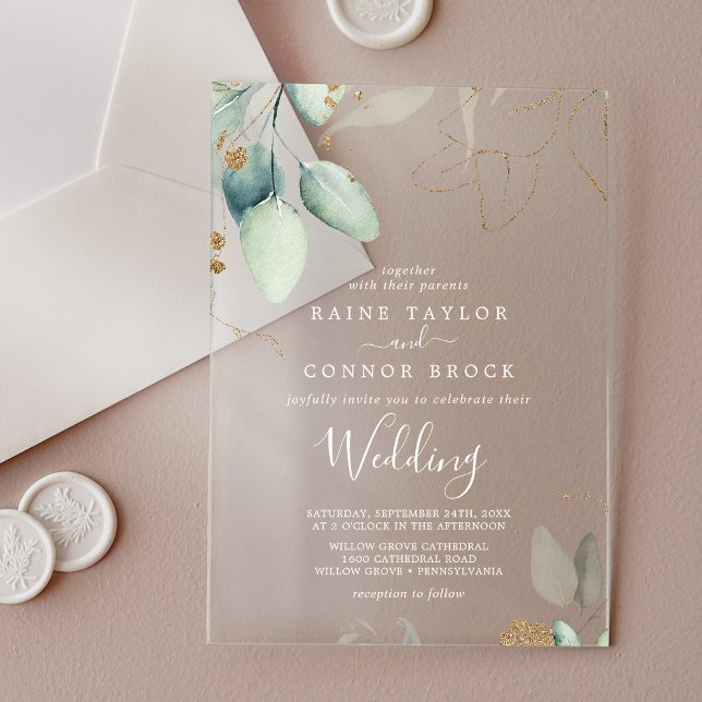 Invitations En Acrylique Mariage d'Eucalyptus blanc à feuilles d'or de verd (Airy Greenery Gold Leaf White Eucalyptus Wedding Acrylic Invitations)