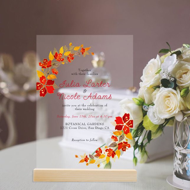 Invitations En Acrylique Mariage d'hibiscus tropicaux d'Orange brulé (Créateur téléchargé)