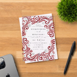 Invitations En Acrylique Mariage d'hiver aux flocons de neige rouge argent