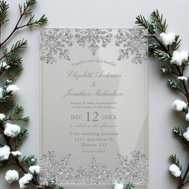 Invitations En Acrylique Mariage d'hiver Flocon de Neige Argenté (Créateur téléchargé)