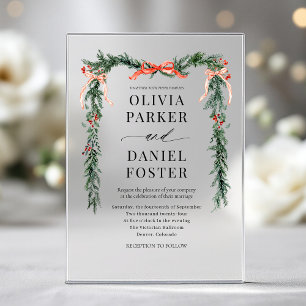 Invitations En Acrylique Mariage d'hiver Ruban Rouge Aquarelle de Noël