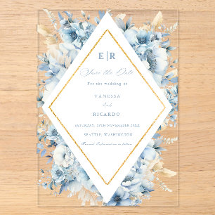 Invitations En Acrylique Mariage Dusty Blue Gold Floral Bloom tout en un