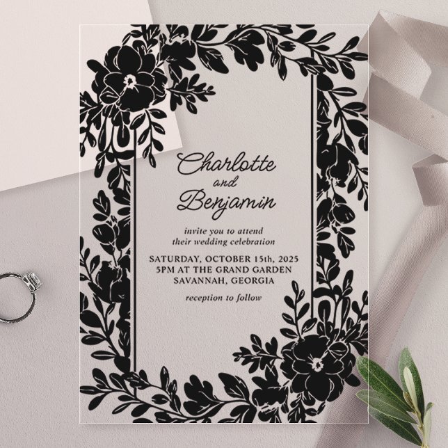 Invitations En Acrylique Mariage élégant à bordure florale noire (Créateur téléchargé)