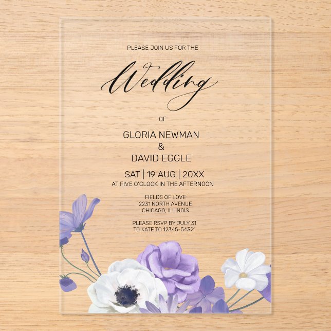 Invitations En Acrylique Mariage élégant à la florale violette (Recto)