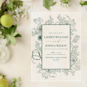 Invitations En Acrylique Mariage Élégant à la Ligne Art Florale Émeraude Ve