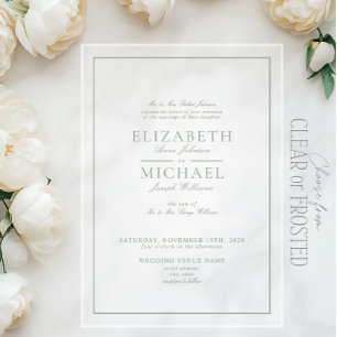 Invitations En Acrylique Mariage élégant à l'écriture classique vert sauge