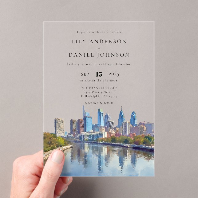 Invitations En Acrylique Mariage élégant à Philadelphie avec vue sur la vil (In situ (ordinateur de poche))
