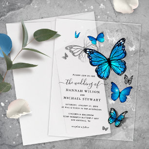 Invitations En Acrylique Mariage élégant aquarelle papillon bleu argent