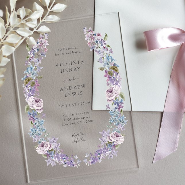 Invitations En Acrylique Mariage Élégant au Lilas (Elegant Lilac Acrylic Wedding Invitations by Painted Paperie
)