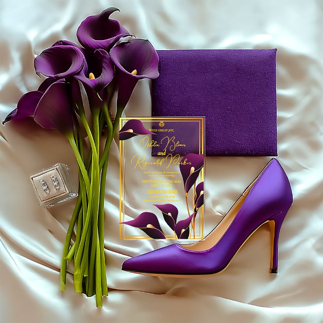Invitations En Acrylique Mariage Élégant au Lys Calla Pourpre  (Luxe Modern Purple Calla Lilies Acrylic Wedding Invitation )