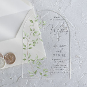 Invitations En Acrylique Mariage élégant aux feuilles vertes modernes