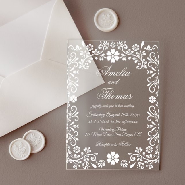 Invitations En Acrylique Mariage Élégant aux Fleurs Blanches  (Créateur téléchargé)