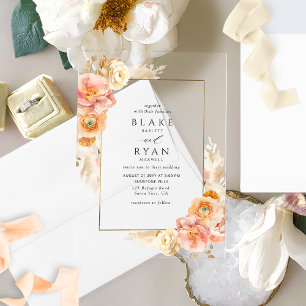 Invitations En Acrylique Mariage Élégant aux Fleurs de Pêche, Crème et Jaun