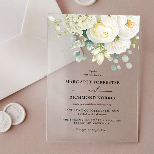 Invitations En Acrylique Mariage Élégant aux Fleurs d'Ivoire et au Feuillag