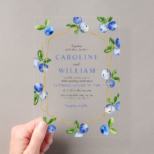 Invitations En Acrylique Mariage élégant aux myrtilles à l'aquarelle bleue