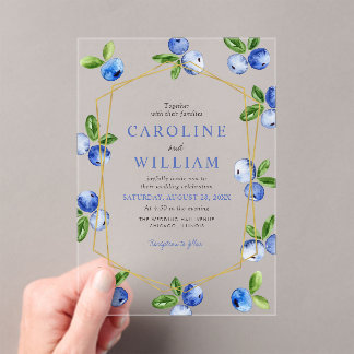 Invitations En Acrylique Mariage élégant aux myrtilles à l'aquarelle bleue