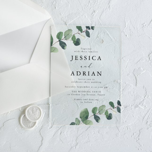 Invitations En Acrylique Mariage élégant aux verts feuillus (Créateur téléchargé)