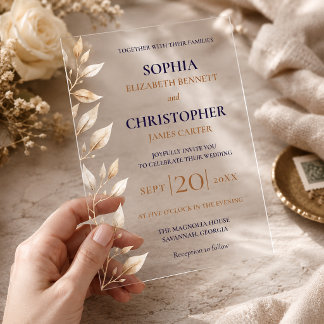 Invitations En Acrylique Mariage Élégant avec Bordure Botanique Navy