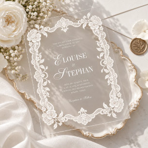 Invitations En Acrylique Mariage Élégant avec Bordure Crantée en Dentelle B