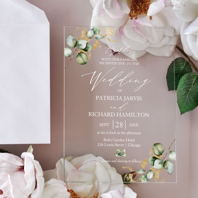 Invitations En Acrylique Mariage Élégant avec Décoration Dorée et Verdure (Créateur téléchargé)