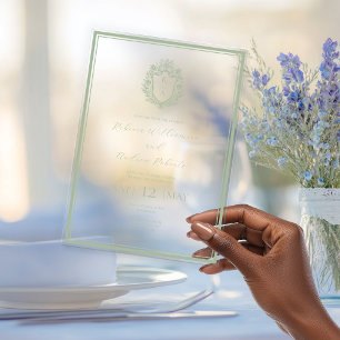 Invitations En Acrylique Mariage élégant avec monogramme de crête blanc et