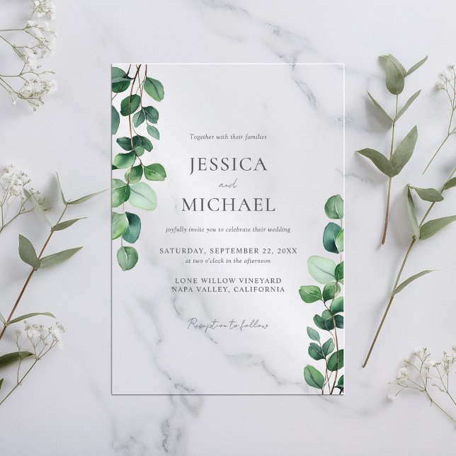 Invitations En Acrylique Mariage Élégant avec Verdure d'Eucalyptus (Créateur téléchargé)