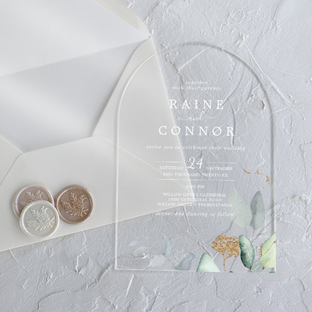 Invitations En Acrylique Mariage Élégant Blanc Feuille D'or Végétal Aéré (Airy Greenery Gold Leaf White Elegant Wedding Acrylic Invitations)