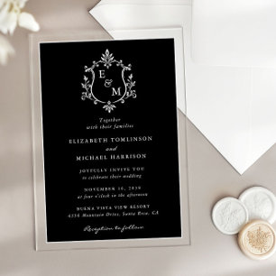 Invitations En Acrylique Mariage Élégant Blason Monogramme Noir Et Blanc