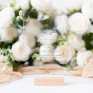 Invitations En Acrylique Mariage Élégant Bleu Poussiéreux à Monogramme de C