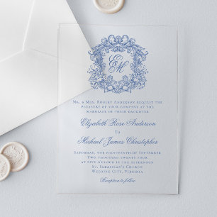 Invitations En Acrylique Mariage Élégant Bleu Vintage Monogramme Blason