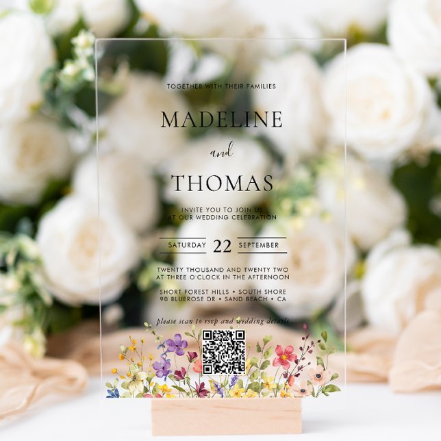 Invitations En Acrylique Mariage Élégant Boho Fleur Sauvage Photo QR Code (Créateur téléchargé)