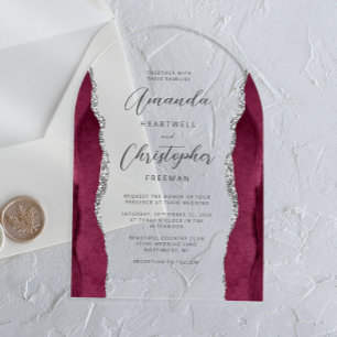 Invitations En Acrylique Mariage Élégant Bourgogne Argent Agate Écriture Ar