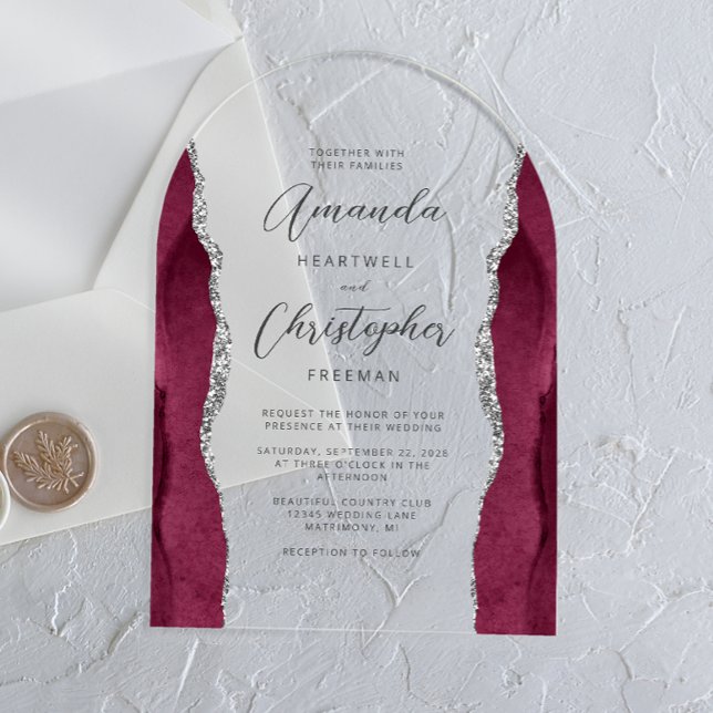 Invitations En Acrylique Mariage Élégant Bourgogne Argent Agate Écriture Ar (Créateur téléchargé)