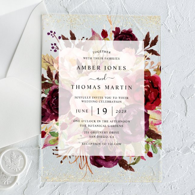 Invitations En Acrylique Mariage Élégant Bourgogne Or (Créateur téléchargé)