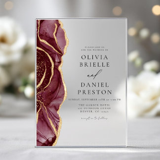 Invitations En Acrylique Mariage Élégant Bourguignon Moderne en Agate