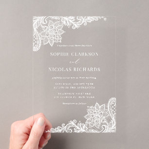 Invitations En Acrylique Mariage Élégant Broderie Anglaise Antique Blanc