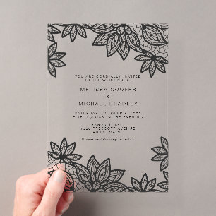 Invitations En Acrylique Mariage Élégant Broderie Anglaise Noir