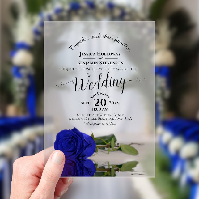 Invitations En Acrylique Mariage élégant calligraphié à la rose bleue royal (Frosted with Rectangle Cut)