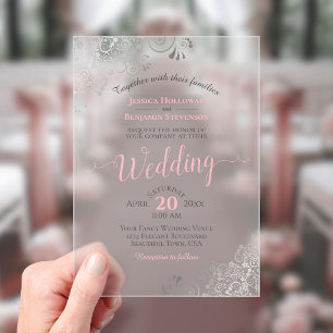 Invitations En Acrylique Mariage Élégant Calligraphié Argent et Rose