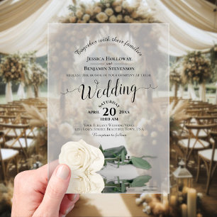Invitations En Acrylique Mariage Élégant Calligraphie Dentelle Rose Blanche