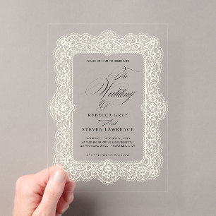 Invitations En Acrylique Mariage élégant calligraphié en dentelle blanche