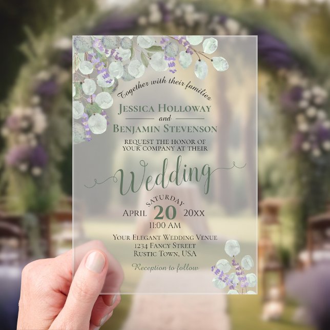 Invitations En Acrylique Mariage Élégant Calligraphie Eucalyptus & Lavande (Frosted Acrylic with Rectangle Cut)