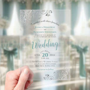Invitations En Acrylique Mariage élégant calligraphié sarcelle et argent