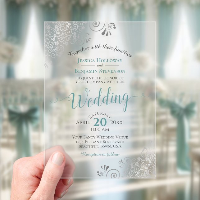 Invitations En Acrylique Mariage élégant calligraphié sarcelle et argent (Frosted Acrylic with Rectangle Cut)