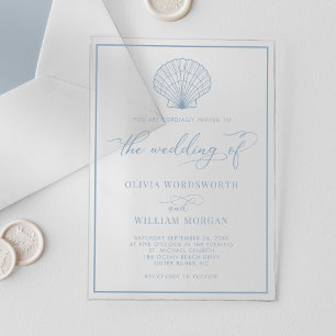Invitations En Acrylique Mariage élégant coquillage bleu poussiéreux de pla