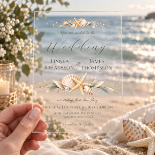 Invitations En Acrylique Mariage Élégant Côte Marine Coquillage Or Sauge Mo