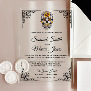 Invitations En Acrylique Mariage Élégant Crâne de Sucre Floral