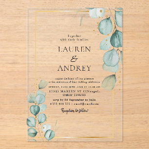 Invitations En Acrylique Mariage élégant eucalyptus cadre or