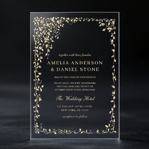 Invitations En Acrylique Mariage Élégant Feuille Minimaliste Dorée